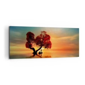 Quadro su tela - Stampe su Tela - Un albero dalle foglie rosse e una barca sull'acqua al tramonto - 120x50cm - Gli esiliati e il silenzio fuori dal mondo - Decorazione murale moderna per soggiorno e camera da letto ARTTOR