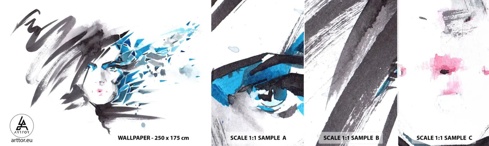 Campione Di Fotomurale Standard Eco - Ritratto di sensualità in grigio e azzurro - Donna, Volto di donna, Astrazione - 100x30 cm