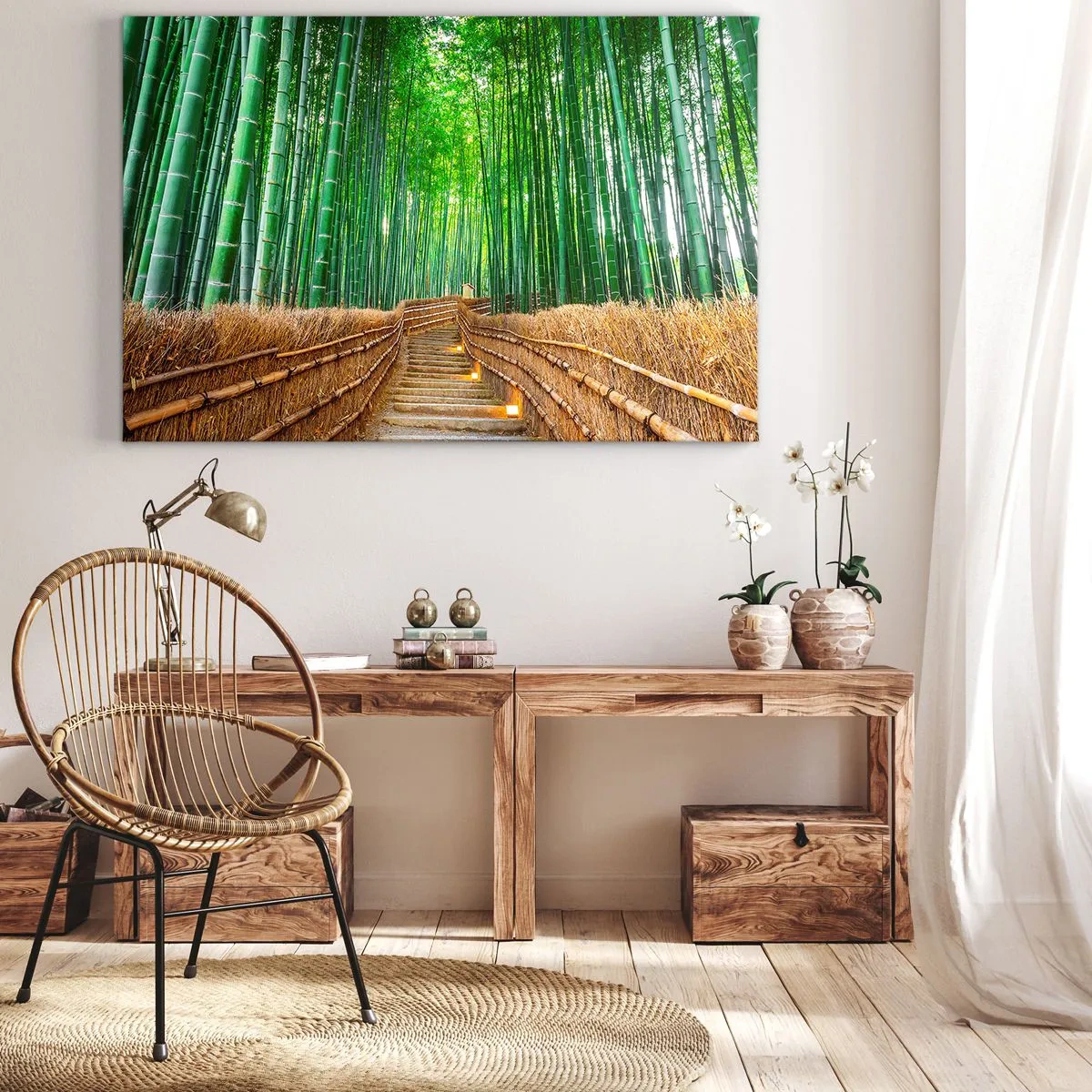 Quadro su tela - Stampe su Tela - Un sentiero in una fitta foresta di bambù - 120x80cm - Essenza della natura asiatica - Decorazione murale moderna per soggiorno e camera da letto ARTTOR