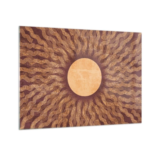 Quadro su vetro - Un sole stilizzato con raggi a forma di linee ondulate su uno sfondo marrone. - 70x50cm - L'icona del sole - Decorazione murale moderna per soggiorno e camera da letto ARTTOR