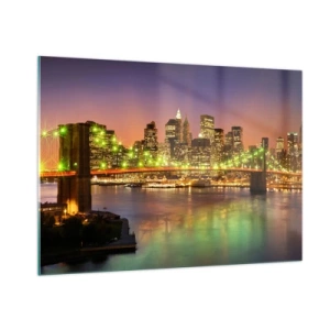 Quadro su vetro - Ponte illuminato sul fiume con vista panoramica della città al tramonto - 100x70cm - Qui la luce non si spegne mai - Decorazione murale moderna per soggiorno e camera da letto ARTTOR