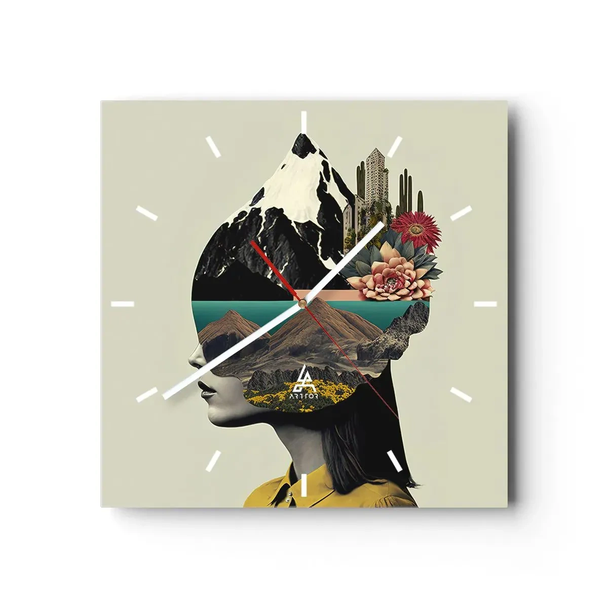 Orologio da parete - Orologio in Vetro - Collage di una donna con un paesaggio montano e fiori - 30x30cm - La donna è sempre un mistero - Decorazione murale moderna per soggiorno e camera da letto ARTTOR