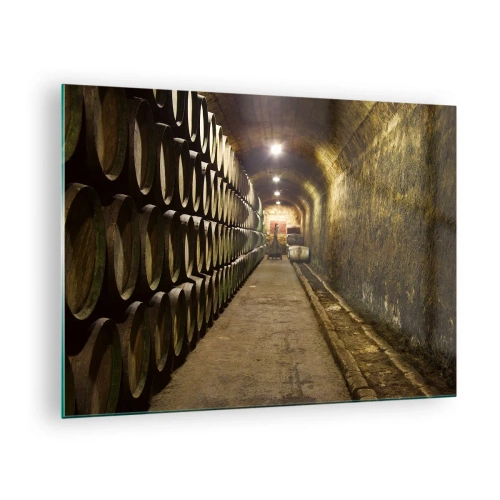 Quadro su vetro - Cantina con file di botti - 70x50cm - È bene riposare - Decorazione murale moderna per soggiorno e camera da letto ARTTOR