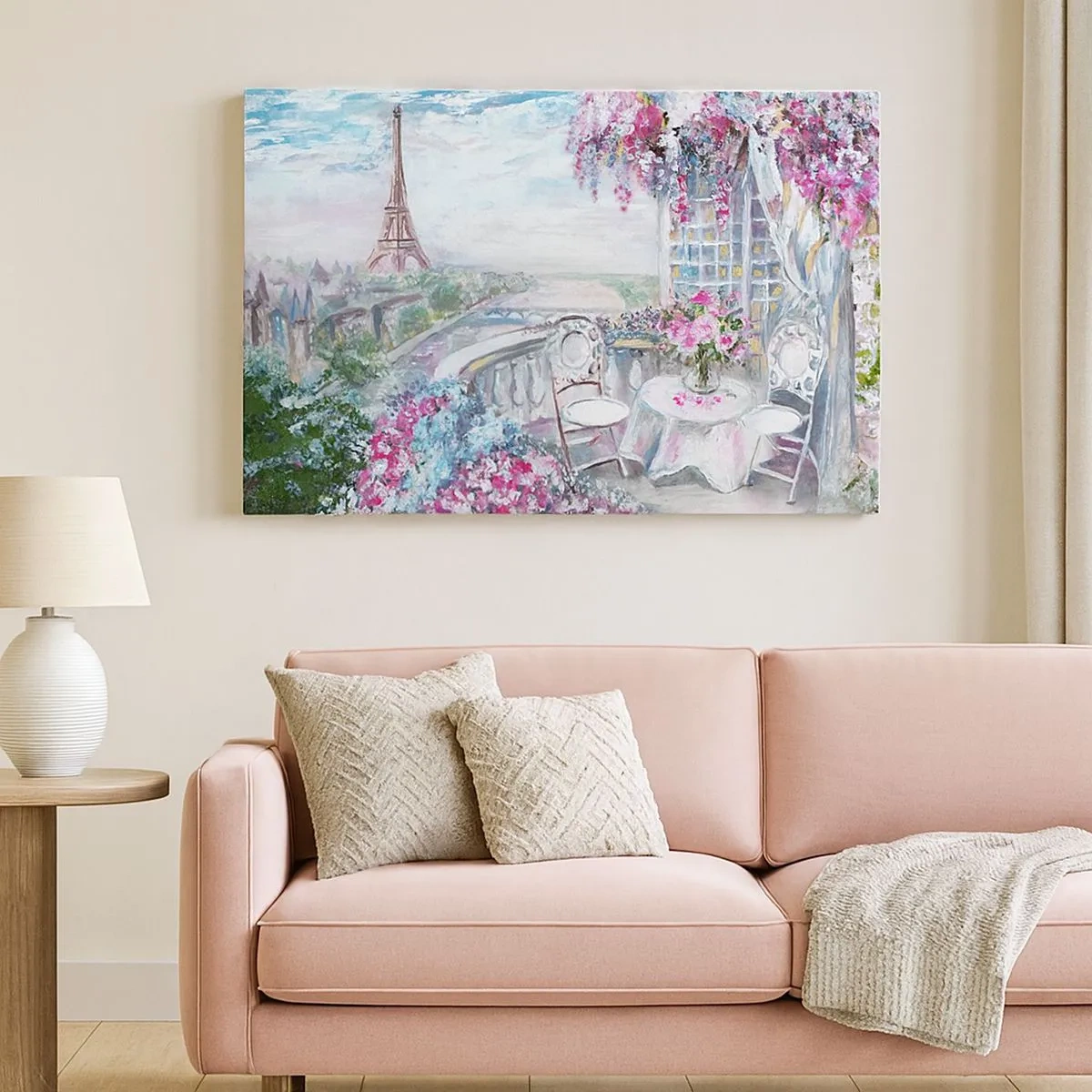 Quadro su tela - Stampe su Tela - Una vista romantica di Parigi con la Torre Eiffel e un balcone pieno di fiori - 70x50cm - Bellissimo qui a maggio - Decorazione murale moderna per soggiorno e camera da letto ARTTOR