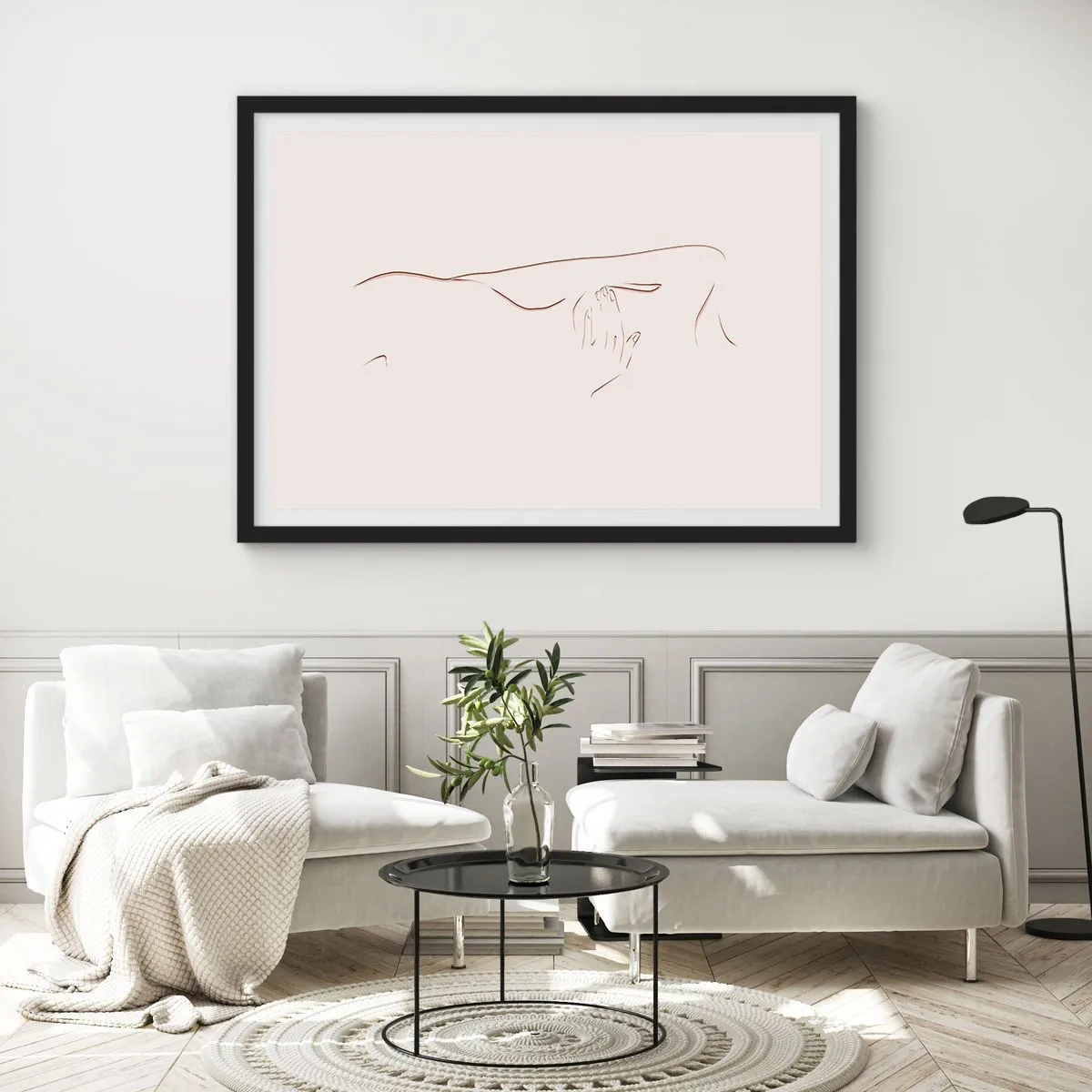 Poster in cornice nera - Un disegno lineare e sottile di una silhouette su uno sfondo chiaro - 100x70cm - La forma del desiderio - Decorazione murale moderna per soggiorno e camera da letto ARTTOR