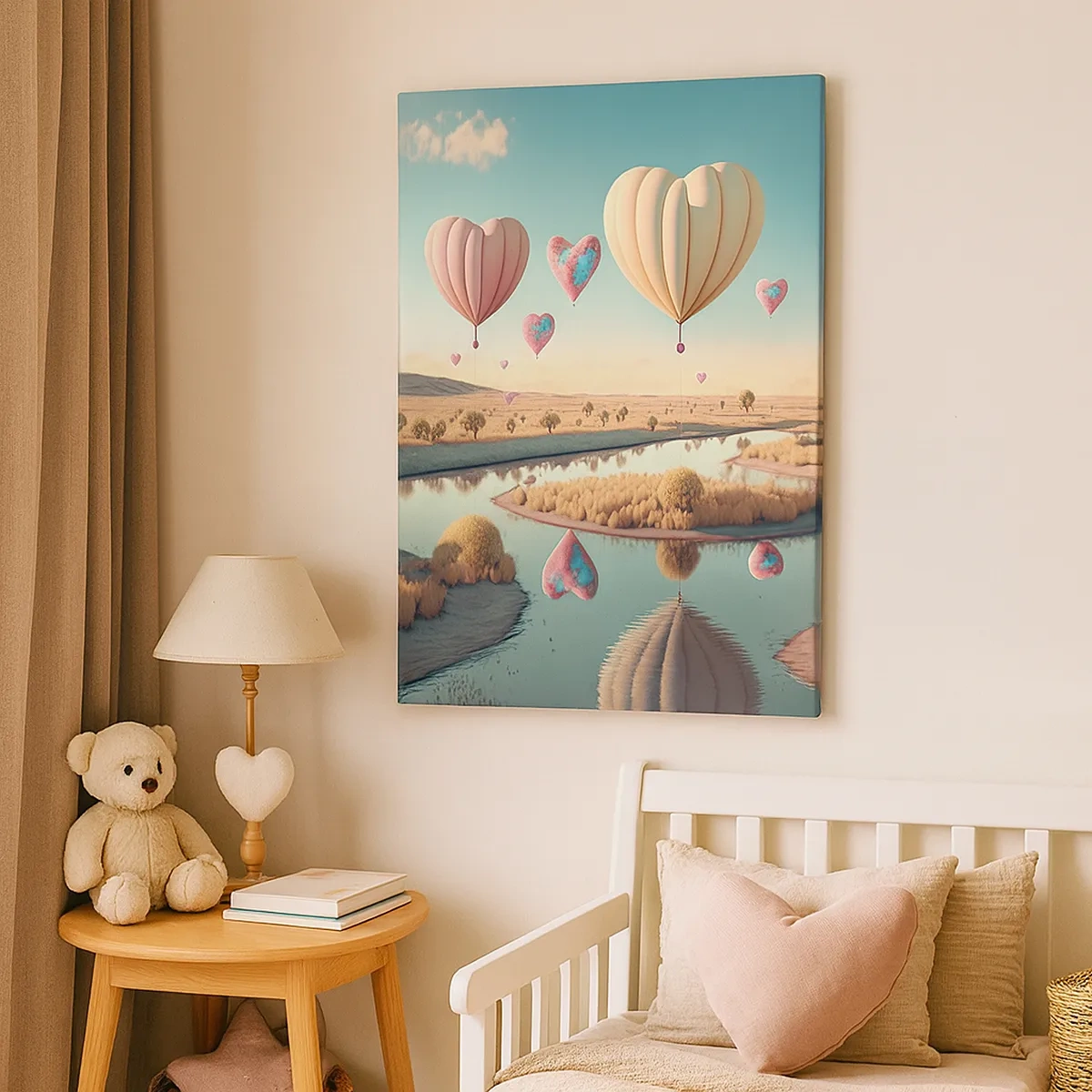 Quadro su tela - Stampe su Tela - Palloncini a forma di cuore che fluttuano sopra il paesaggio - 50x70cm - L'amore permette di volare - Decorazione murale moderna per soggiorno e camera da letto ARTTOR