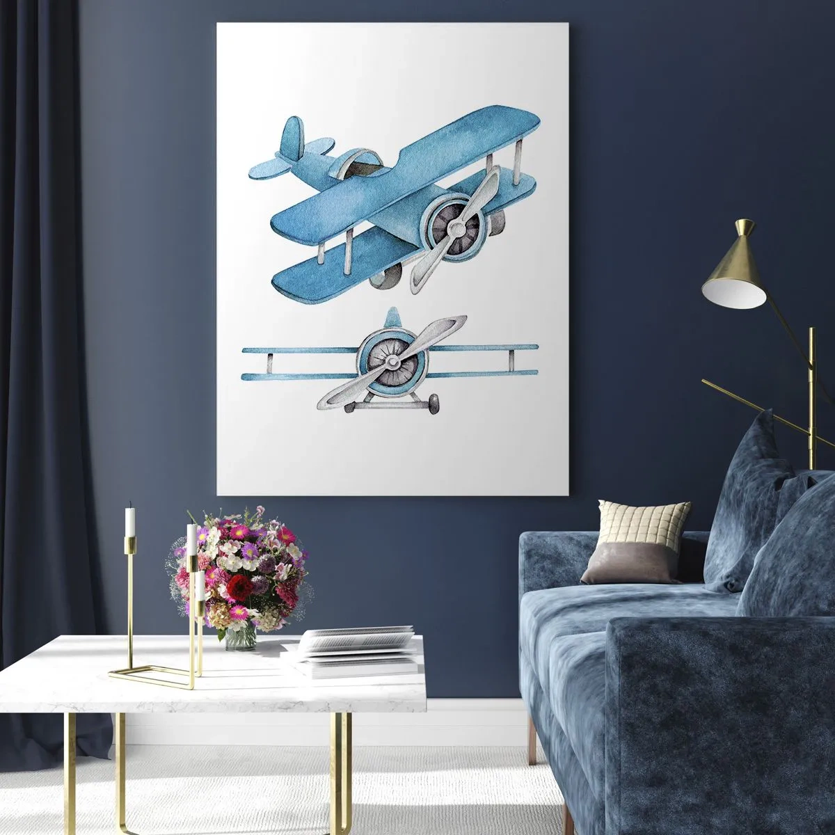 Quadro su vetro - Aeroplani retrò blu su sfondo bianco per bambini - 50x70cm - Nato per vincere - Decorazione murale moderna per soggiorno e camera da letto ARTTOR
