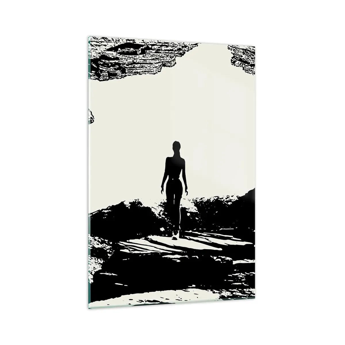 Quadro su vetro - Silhouette in bianco e nero di una donna in una grotta contro il cielo - 70x100cm - Un nuovo sguardo - Decorazione murale moderna per soggiorno e camera da letto ARTTOR