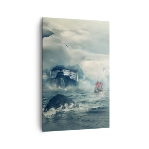 Quadro su tela - Stampe su Tela - Un paesaggio misterioso con un castello, montagne e una nave - 80x120cm - Sulle acque magiche - Decorazione murale moderna per soggiorno e camera da letto ARTTOR