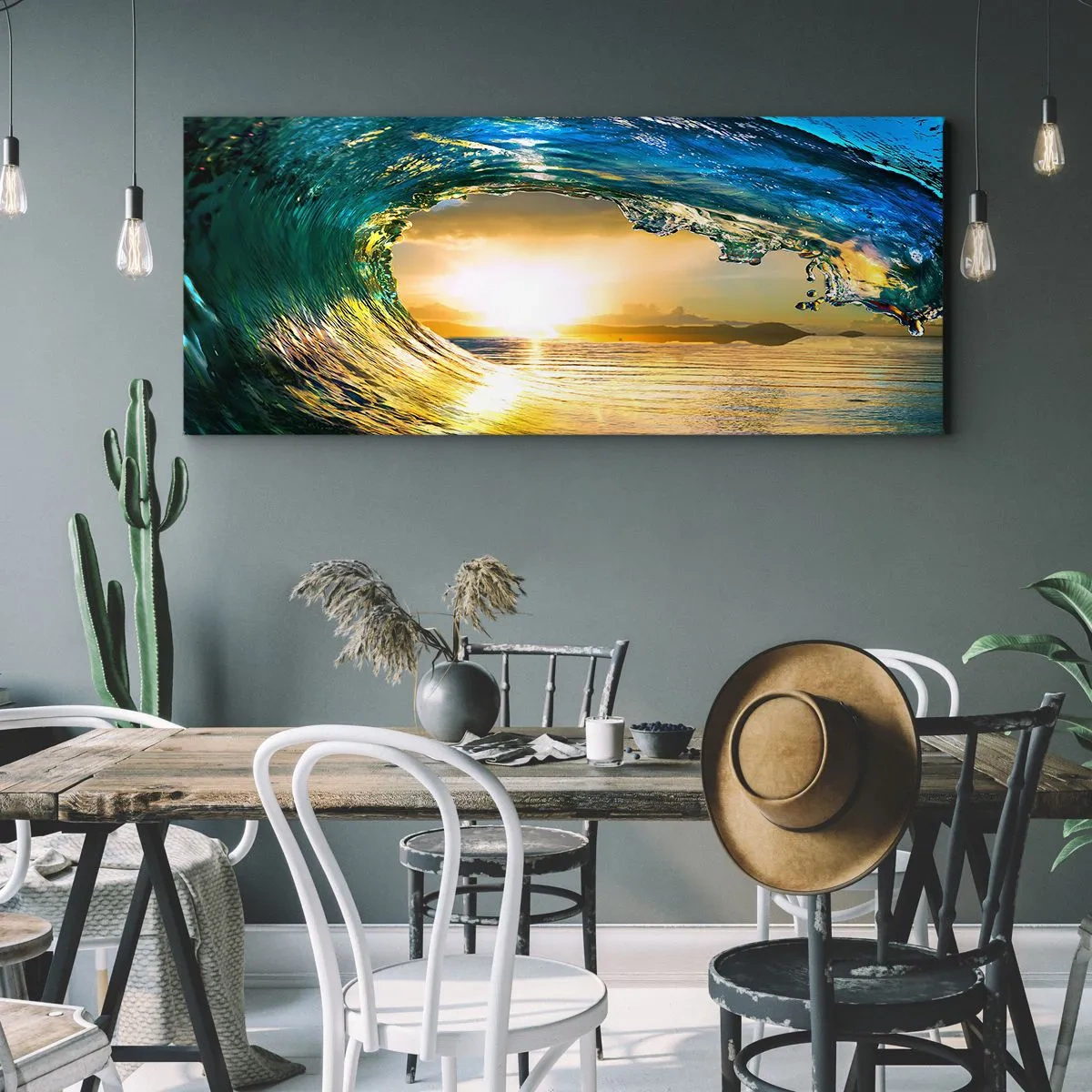 Quadro su tela - Stampe su Tela - Onda dell'oceano al sole con vista sull'orizzonte - 120x50cm - Nel cristallo oro e smeraldo - Decorazione murale moderna per soggiorno e camera da letto ARTTOR