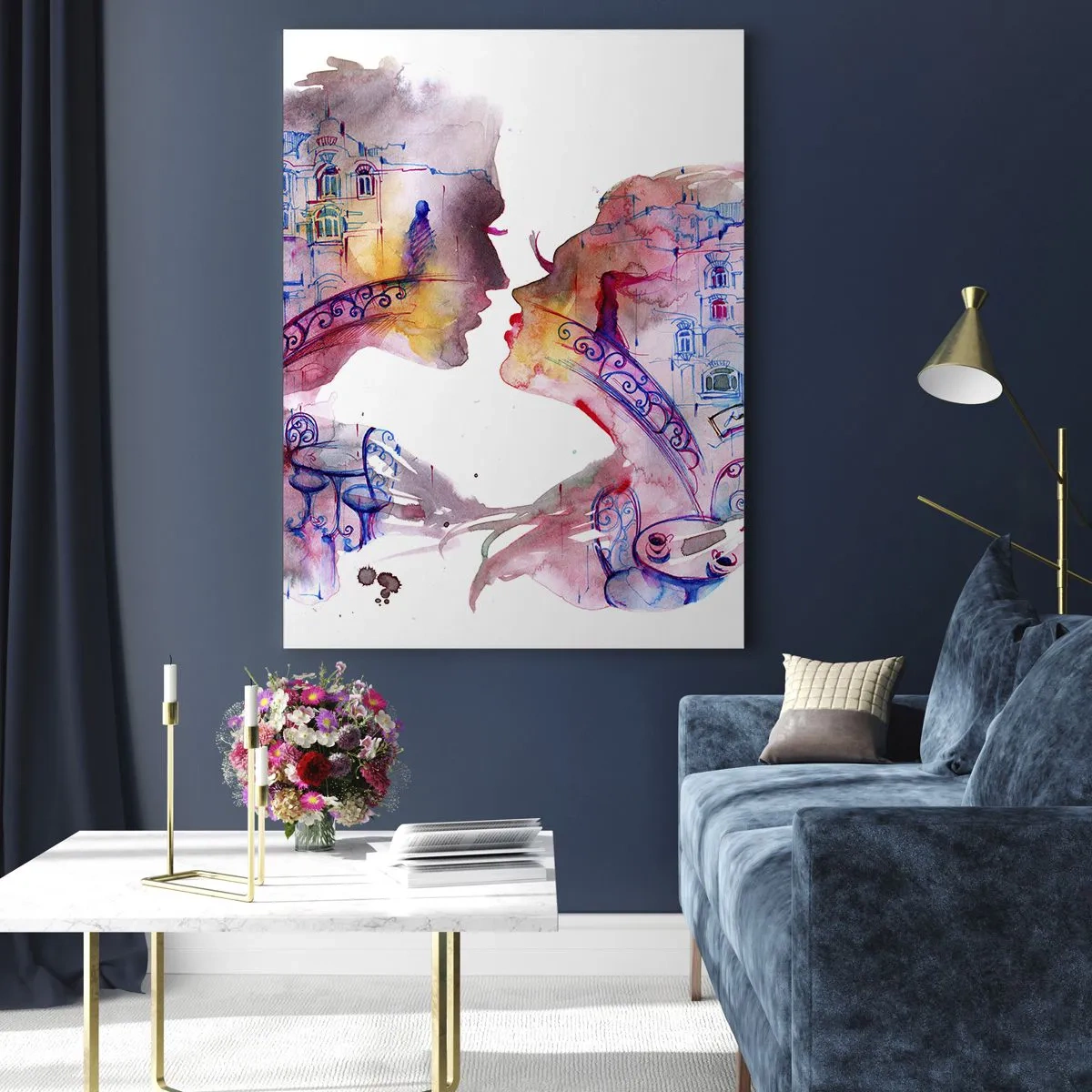 Quadro su vetro - Illustrazione di un ritratto astratto di due persone a forma di cuore - 50x70cm - Misterioso ponte dei sospiri - Decorazione murale moderna per soggiorno e camera da letto ARTTOR
