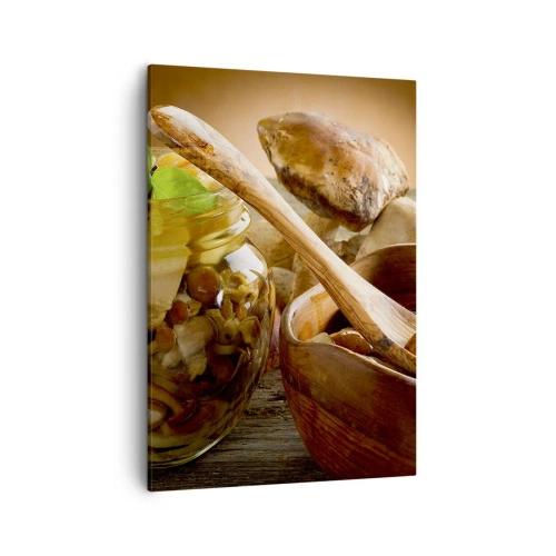 Quadro su tela - Stampe su Tela - Funghi naturali in un barattolo su un tavolo rustico - 50x70cm - Freschi, conservati, autunnali... - Decorazione murale moderna per soggiorno e camera da letto ARTTOR