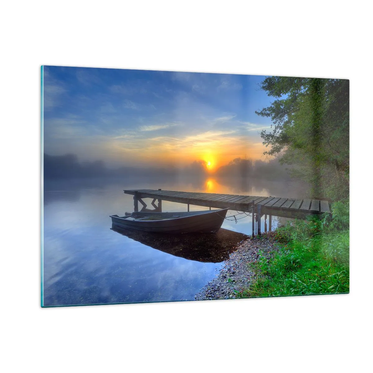 Quadro su vetro - Una barca al molo all'alba sul lago - 120x80cm - Come la normalità diventa magica - Decorazione murale moderna per soggiorno e camera da letto ARTTOR