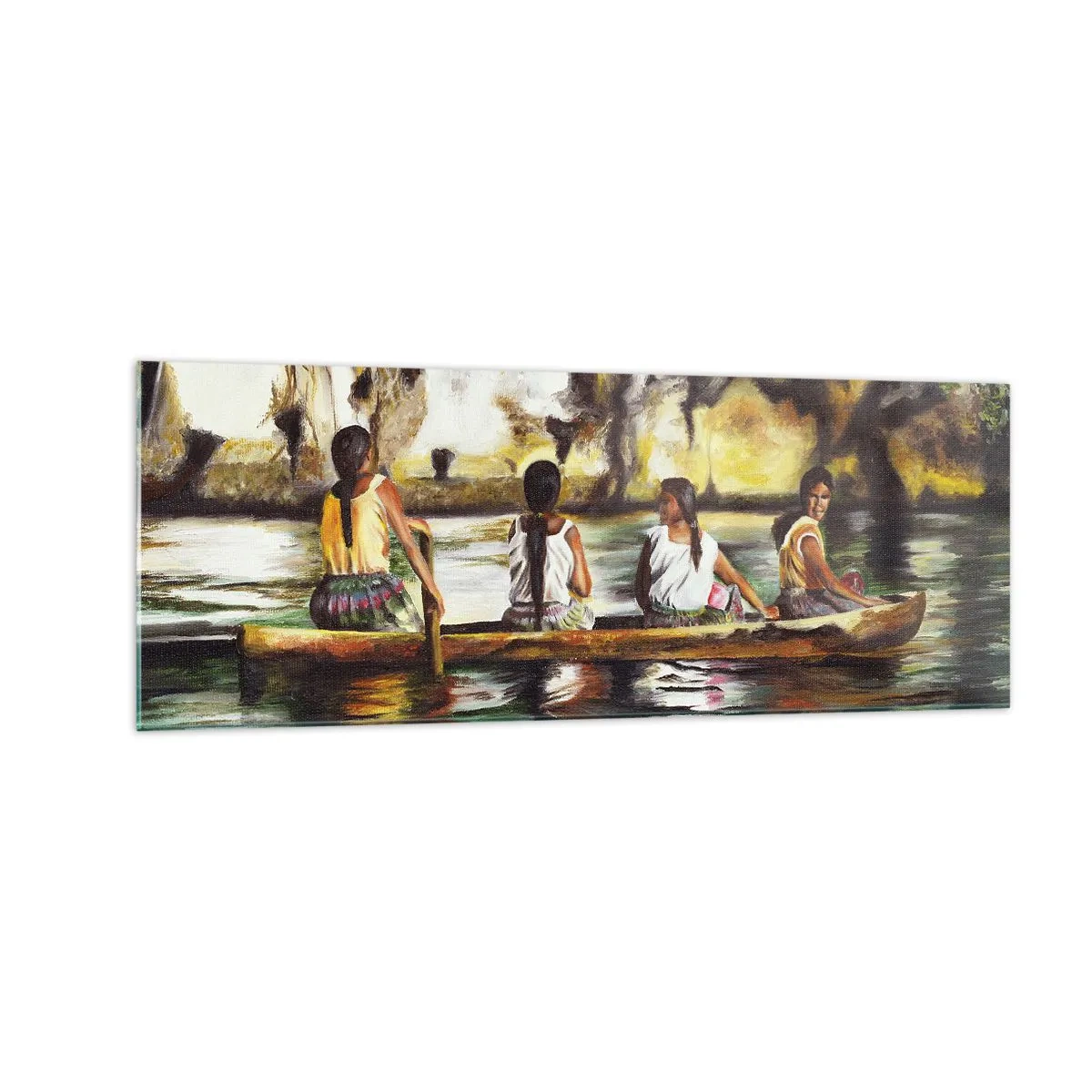 Quadro su vetro - Donne in barca su un fiume calmo con uno sfondo pittoresco - 140x50cm - Nel paradiso della Polinesia - Decorazione murale moderna per soggiorno e camera da letto ARTTOR