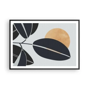 Poster in cornice nera - Un motivo a foglie minimalista con un sole luminoso sullo sfondo. - 100x70cm - Un giorno rovente d'estate - Decorazione murale moderna per soggiorno e camera da letto ARTTOR