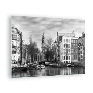 Quadro su vetro - Vista in bianco e nero di un canale di Amsterdam - 70x50cm - Atmosfera di Amsterdam - Decorazione murale moderna per soggiorno e camera da letto ARTTOR