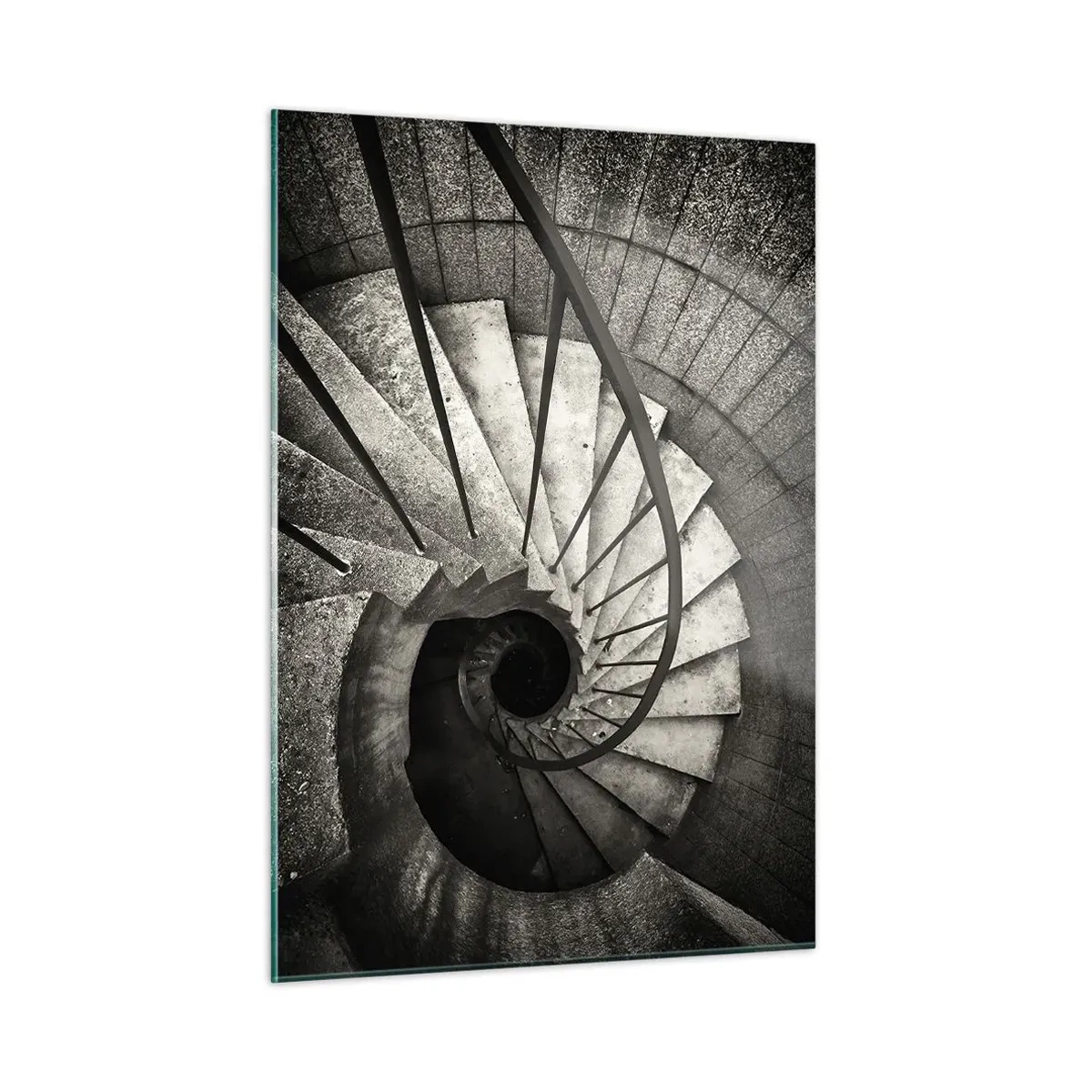 Quadro su vetro - Una scala a chiocciola in bianco e nero vista dall'alto - 50x70cm - Salire e scendere - Decorazione murale moderna per soggiorno e camera da letto ARTTOR