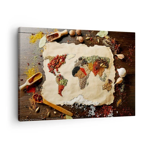 Quadro su tela - Stampe su Tela - Una mappa del mondo fatta di spezie su uno sfondo di legno. - 70x50cm - Tutti i gusti del mondo - Decorazione murale moderna per soggiorno e camera da letto ARTTOR