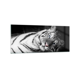 Quadro su vetro - Una tigre bianca artisticamente raffigurata su uno sfondo nero - 120x50cm - Selvaggità e pace - Decorazione murale moderna per soggiorno e camera da letto ARTTOR