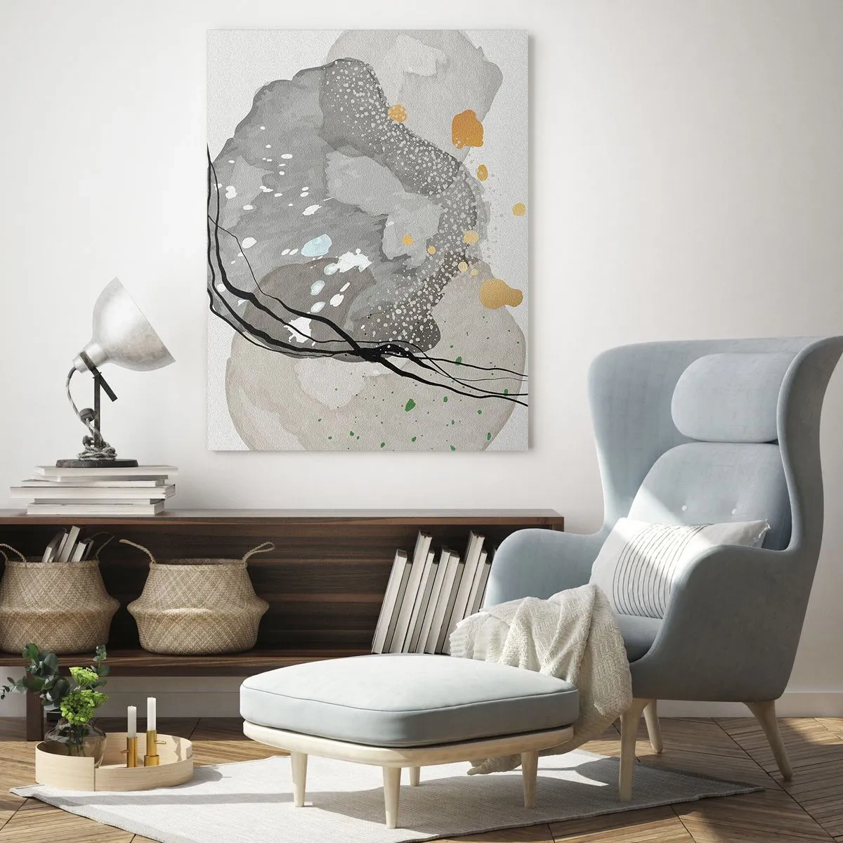 Quadro su vetro - Forme organiche in tonalità di grigio con accenti di nero e oro - 80x120cm - Composizione organica - Decorazione murale moderna per soggiorno e camera da letto ARTTOR