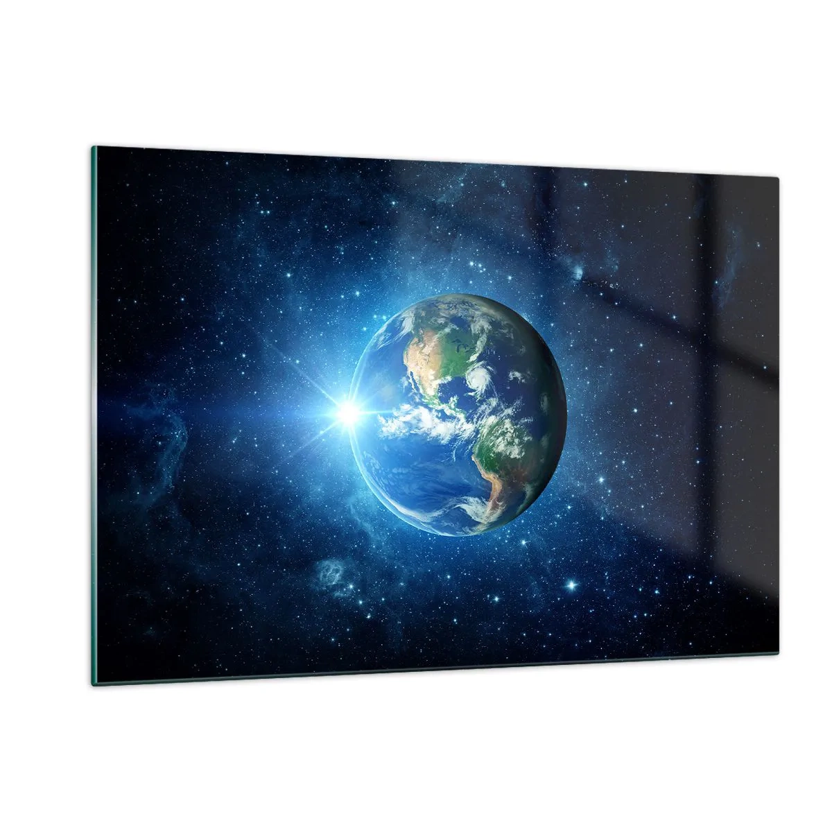 Quadro su vetro - La Terra vista dallo spazio con raggi di luce - 120x80cm - Siamo in cielo - Decorazione murale moderna per soggiorno e camera da letto ARTTOR