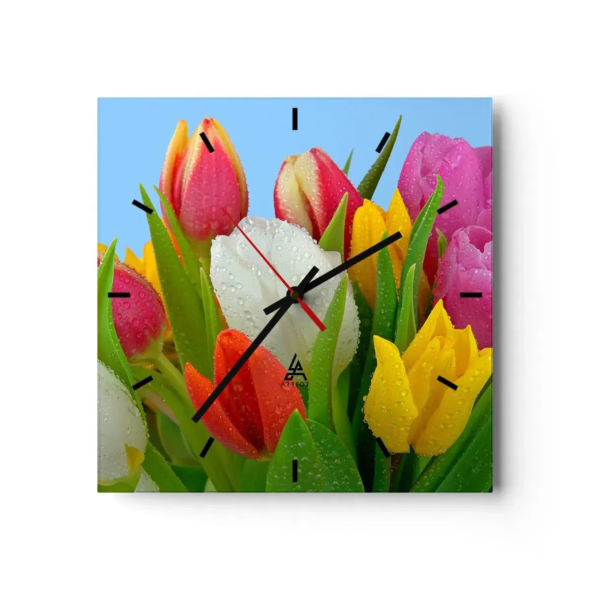 Orologio da parete - Orologio in Vetro - Fiori multicolori nella rugiada - 40x40 cm