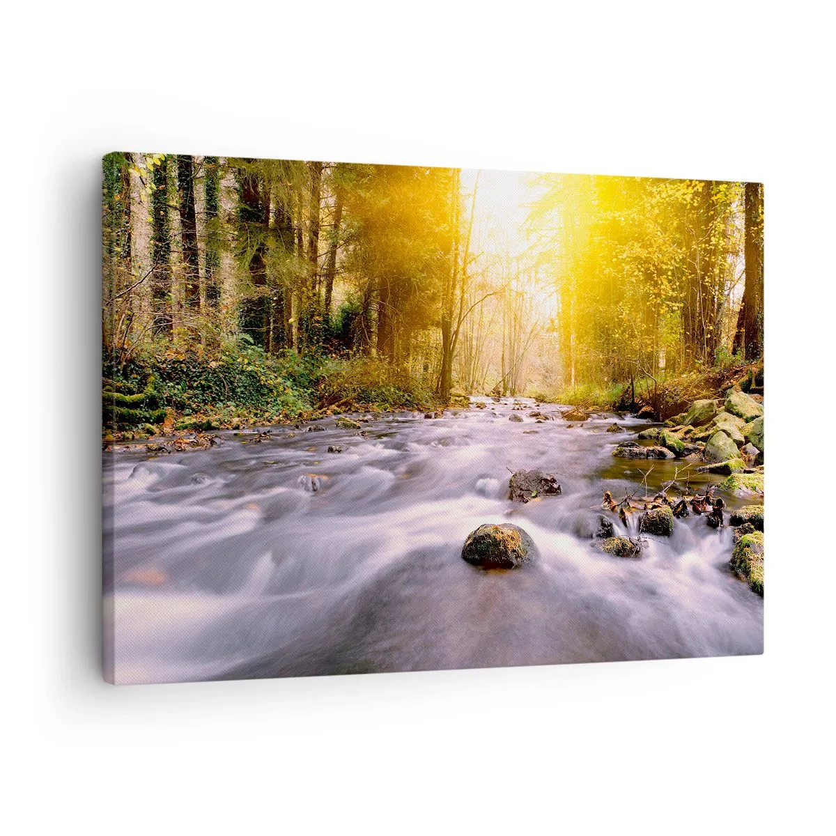 Quadro su tela - Stampe su Tela - Un ruscello nella foresta illuminato dai raggi del sole - 70x50cm - Malachite in cornice oro-argento - Decorazione murale moderna per soggiorno e camera da letto ARTTOR