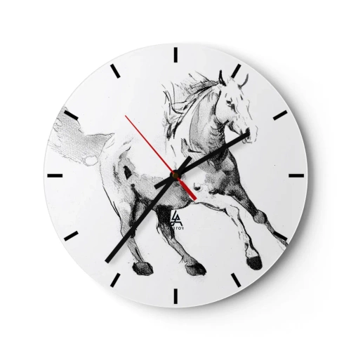 Orologio da parete - Orologio in Vetro - Schizzo di un cavallo al galoppo su sfondo bianco - 30x30cm - Anima indomabile - Decorazione murale moderna per soggiorno, cucina e camera da letto ARTTOR