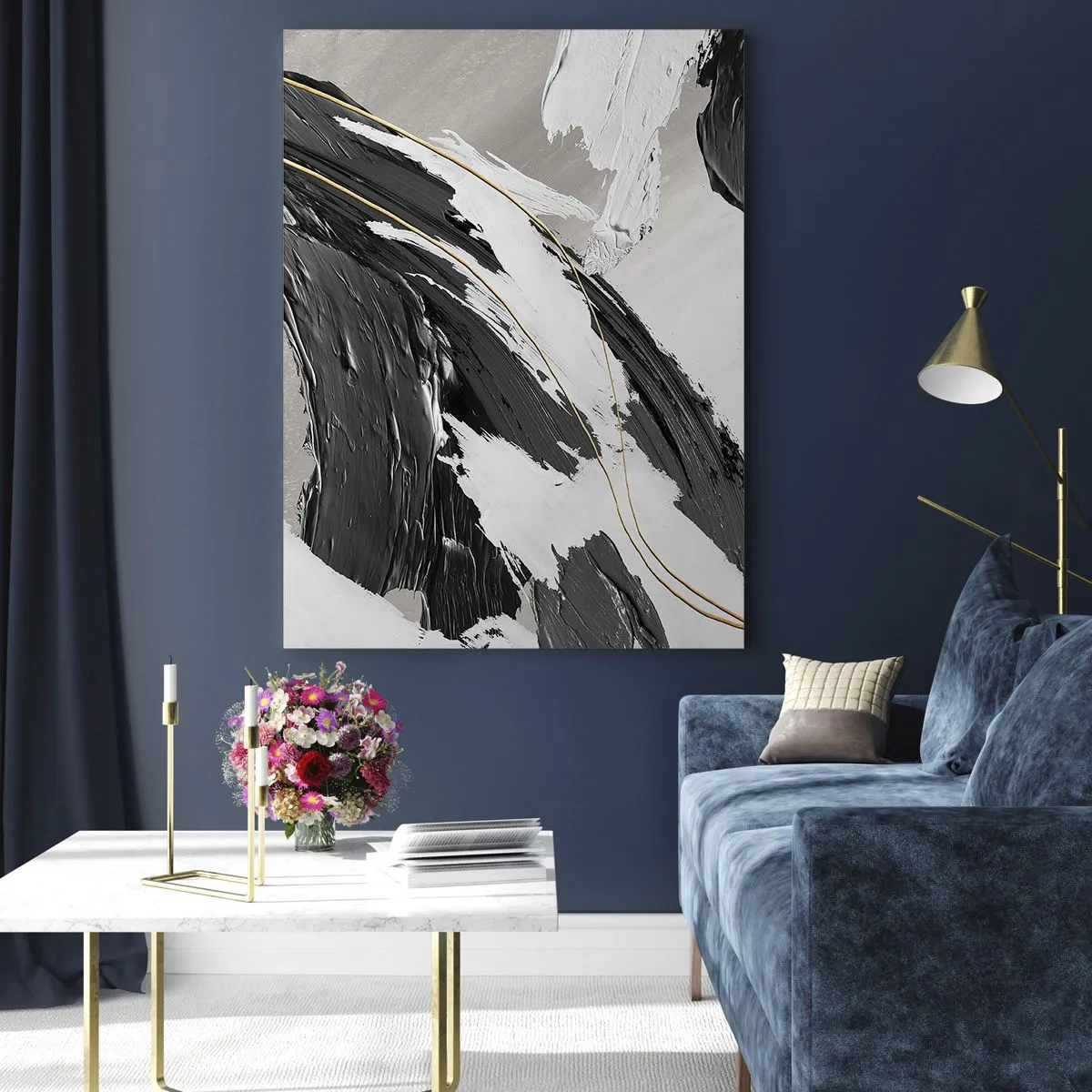 Quadro su vetro - Pennellate dinamiche di bianco e nero con un accento dorato - 50x70cm - Astrazione con sfarzo - Decorazione murale moderna per soggiorno e camera da letto ARTTOR