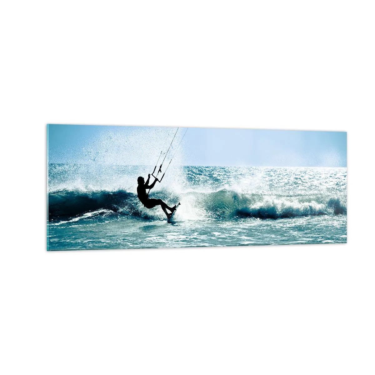 Quadro su vetro - Kitesurfer cavalca un'onda in pieno sole - 140x50cm - Fatti sollevare - Decorazione murale moderna per soggiorno e camera da letto ARTTOR