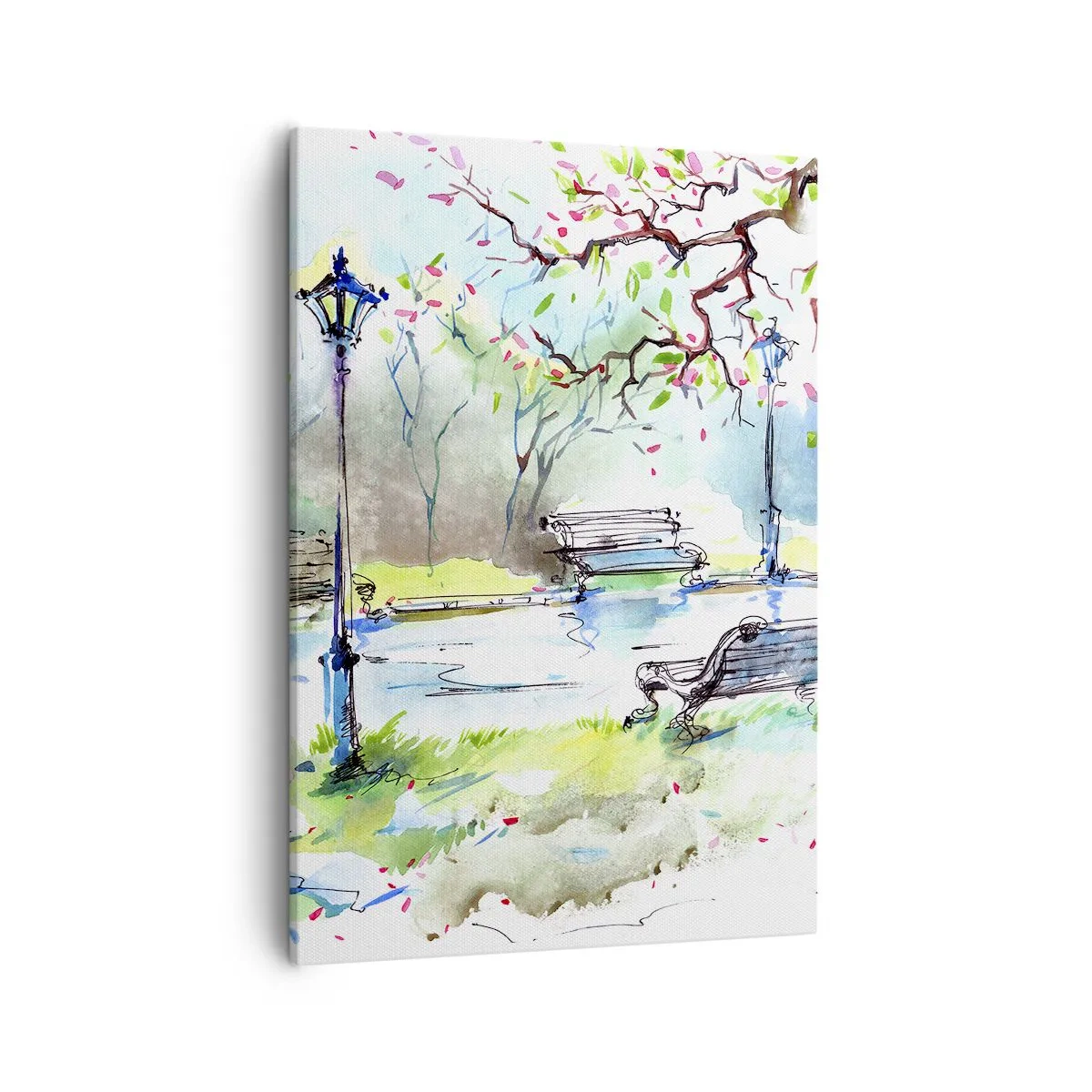 Quadro su tela - Stampe su Tela - Scena di parco ad acquerello con panchine e lampade - 50x70cm - Il fascino del silenzio del parco - Decorazione murale moderna per soggiorno e camera da letto ARTTOR