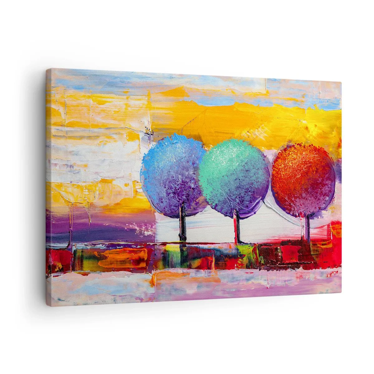 Quadro su tela - Stampe su Tela - Tre alberi colorati su uno sfondo astratto - 70x50cm - Non c'è due senza tre - Decorazione murale moderna per soggiorno e camera da letto ARTTOR