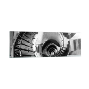 Quadro su vetro - Fotografia in bianco e nero di una scala a chiocciola con prospettiva dall'alto verso il basso - 160x50cm - Ancora più in alto - Decorazione murale moderna per soggiorno e camera da letto ARTTOR