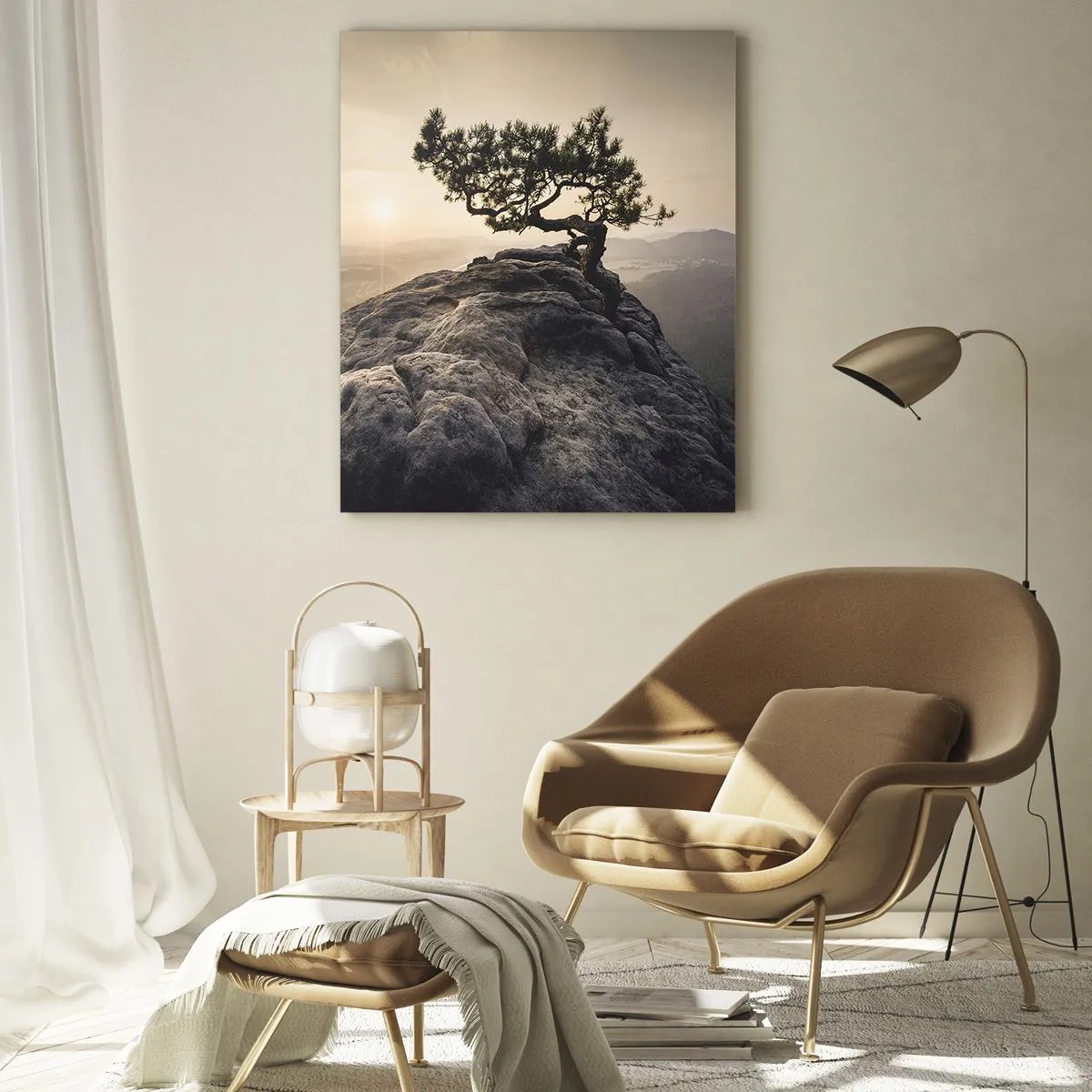 Quadro su vetro - Un albero su una roccia alla luce del sole nascente - 50x70cm - La vita vince sempre - Decorazione murale moderna per soggiorno e camera da letto ARTTOR