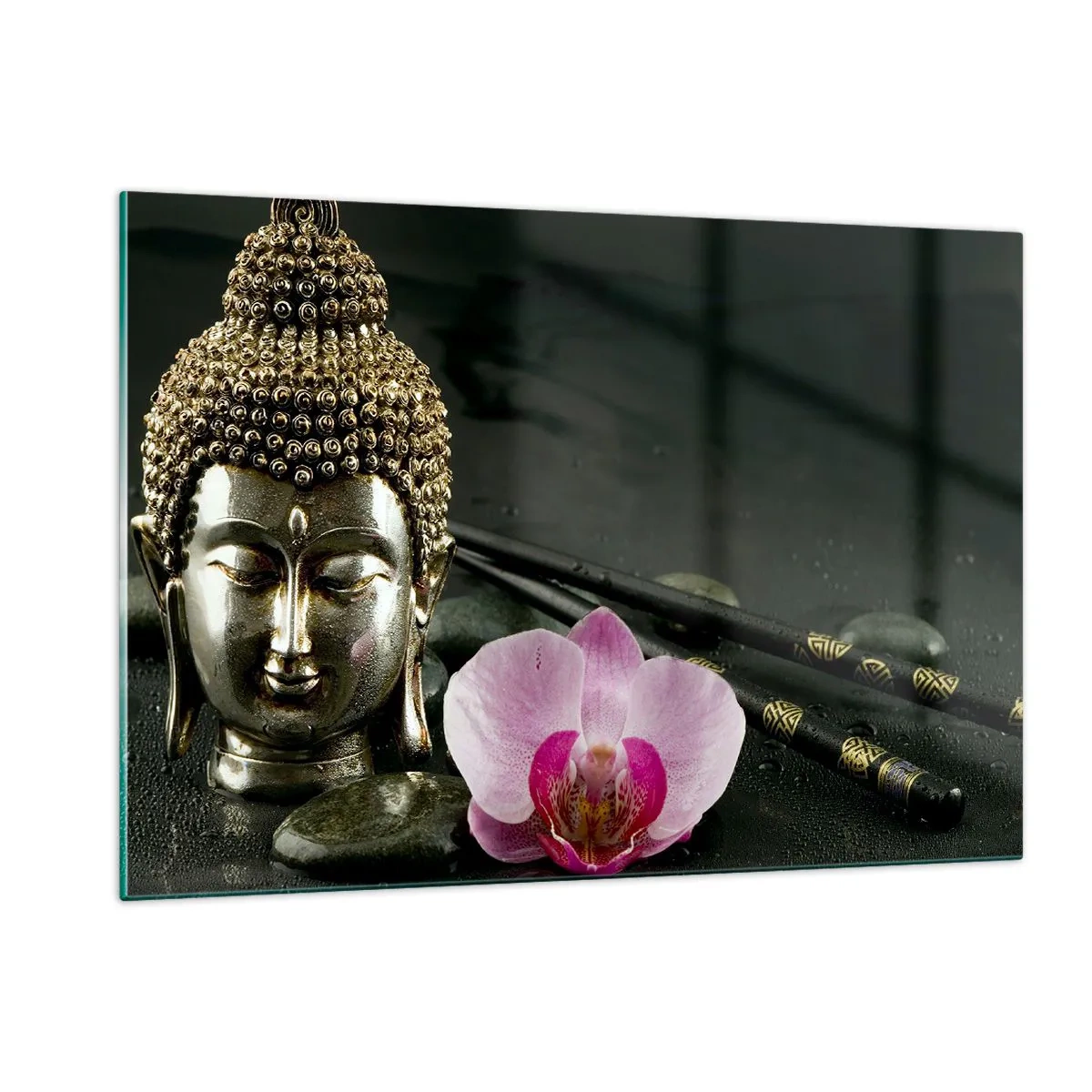 Quadro su vetro - Testa buddista con un fiore rosa su uno sfondo di pietre - 120x80cm - Armonia di saggezza e bellezza - Decorazione murale moderna per soggiorno e camera da letto ARTTOR