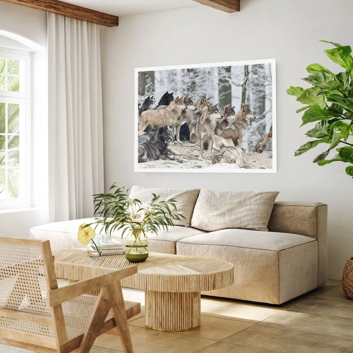 Poster - Un branco di lupi nella foresta invernale - 100x70cm - Famiglia e amici - Decorazione murale moderna per soggiorno e camera da letto ARTTOR