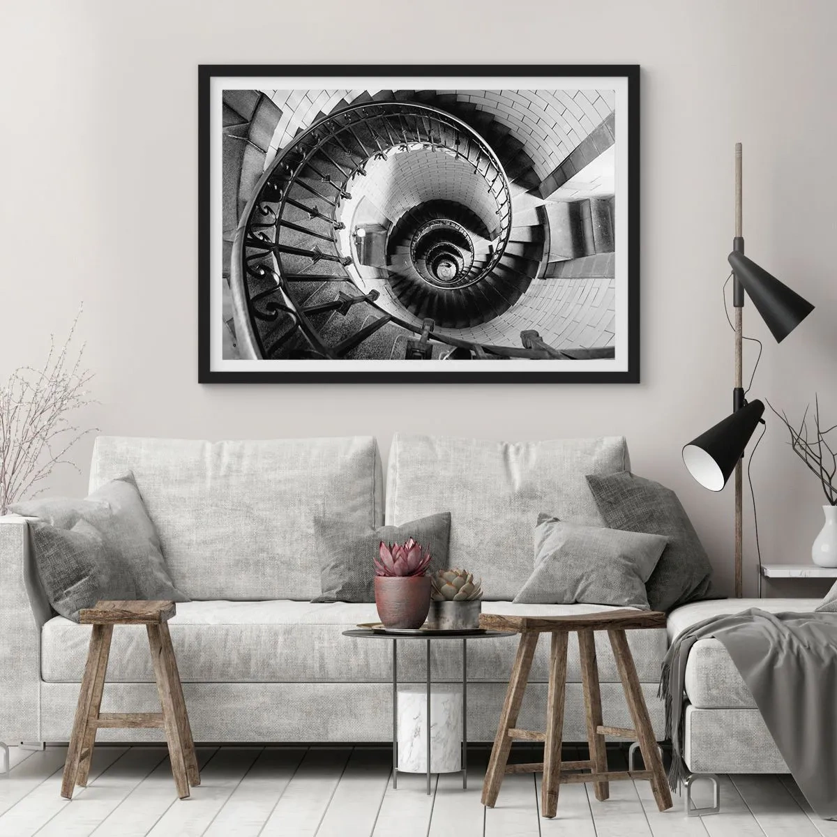 Poster in cornice nera - Fotografia in bianco e nero di una scala a chiocciola con prospettiva dall'alto verso il basso - 70x50cm - Ancora più in alto - Decorazione murale moderna per soggiorno e camera da letto ARTTOR