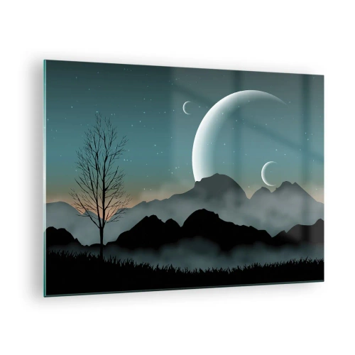 Quadro su vetro - Lune sopra le montagne con un albero solitario e stelle - 70x50cm - Il carnevale di una notte stellata - Decorazione murale moderna per soggiorno e camera da letto ARTTOR