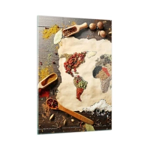 Quadro su vetro - Una mappa del mondo composta da varie spezie su uno sfondo rustico. - 50x70cm - Tutti i gusti del mondo - Decorazione murale moderna per soggiorno e camera da letto ARTTOR