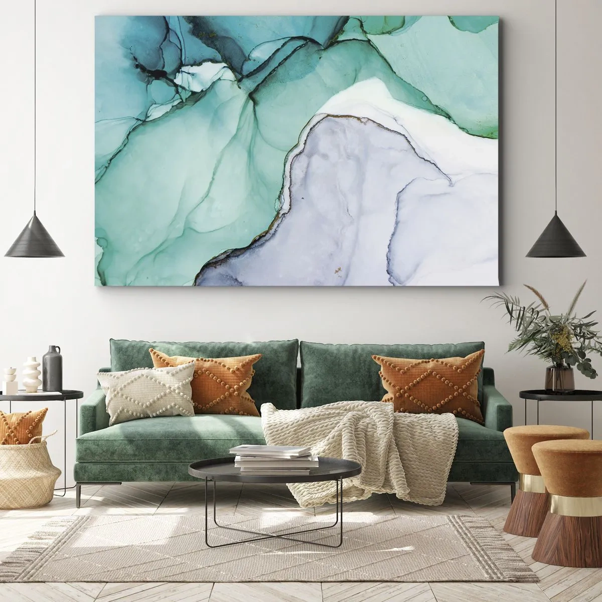 Quadro su tela - Stampe su Tela - Motivo astratto nei toni del turchese e del bianco - 120x80cm - Studio in turchese - Decorazione murale moderna per soggiorno e camera da letto ARTTOR