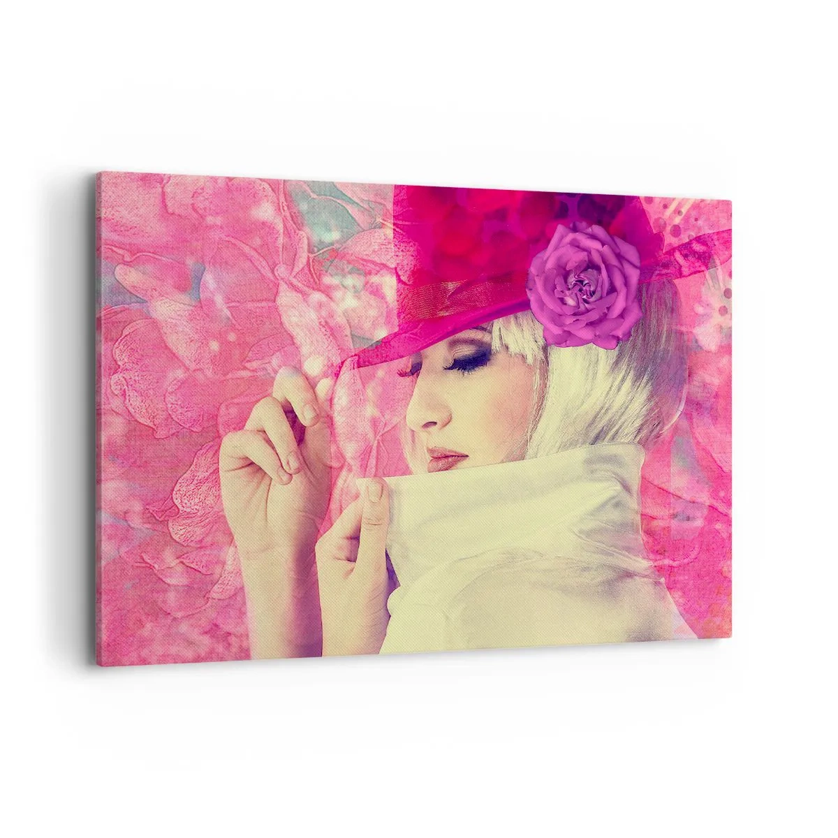 Quadro su tela - Stampe su Tela - Donna elegante con un cappello rosa con un fiore - 120x80cm - Ritratto retro nei vapori di rosa - Decorazione murale moderna per soggiorno e camera da letto ARTTOR