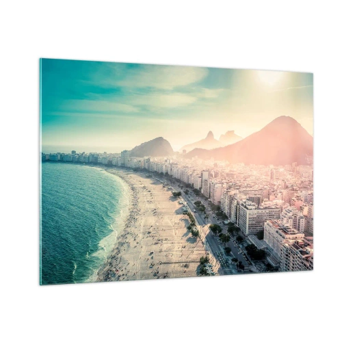 Quadro su vetro - Panorama della spiaggia con edifici urbani e montagne sullo sfondo - 100x70cm - Vacanze senza fine a Rio - Decorazione murale moderna per soggiorno e camera da letto ARTTOR