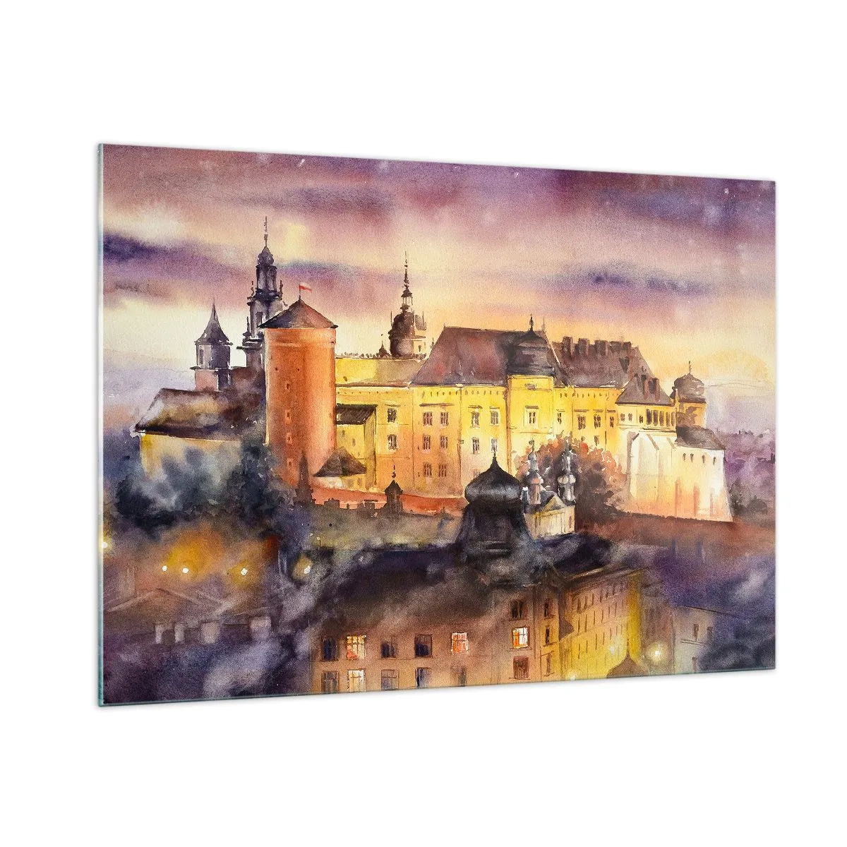 Quadro su vetro - Illustrazione ad acquerello di un castello su una collina al tramonto - 100x70cm - Storia e fiaba - Decorazione murale moderna per soggiorno e camera da letto ARTTOR