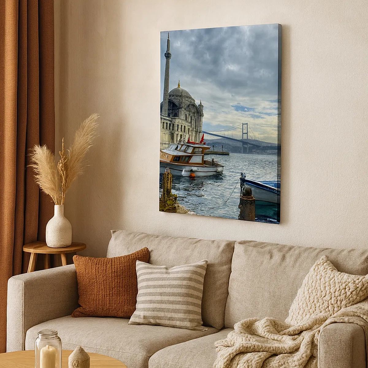 Quadro su tela - Stampe su Tela - Un edificio storico sull'acqua con barche e un ponte sullo sfondo - 50x70cm - Ai confini dei mondi - Decorazione murale moderna per soggiorno e camera da letto ARTTOR