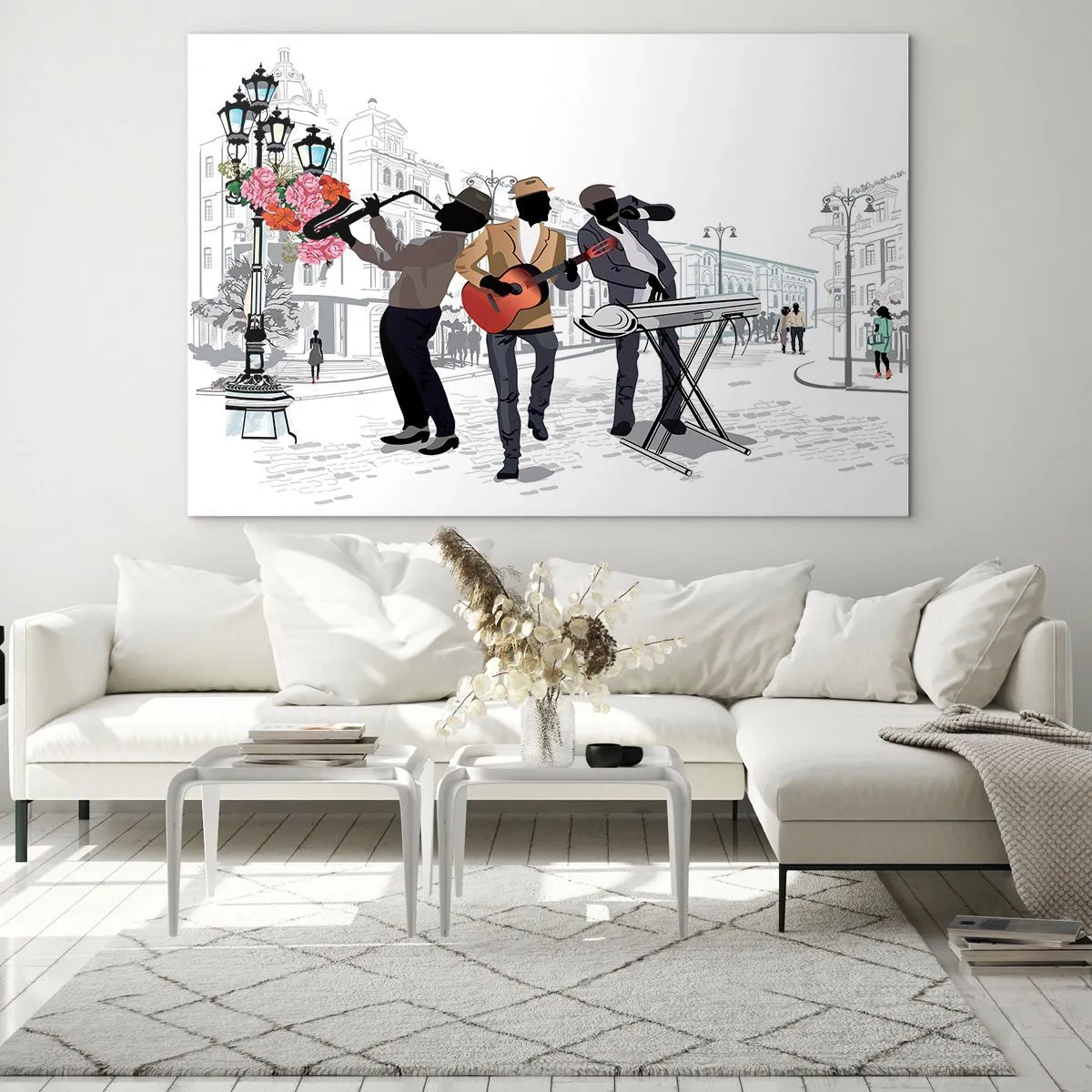 Quadro su vetro - Una jazz band che suona per strada - 70x50cm - Musica da strada - Decorazione murale moderna per soggiorno e camera da letto ARTTOR
