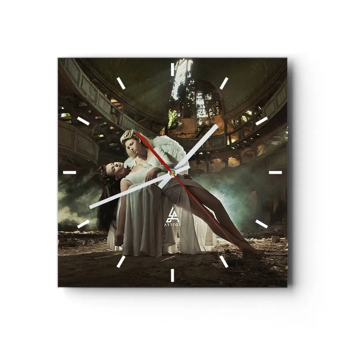 Orologio da parete - Orologio in Vetro - Due figure in rovina con gioco di luci - 30x30cm - Lo spirito dell'antico teatro - Decorazione murale moderna per soggiorno e camera da letto ARTTOR