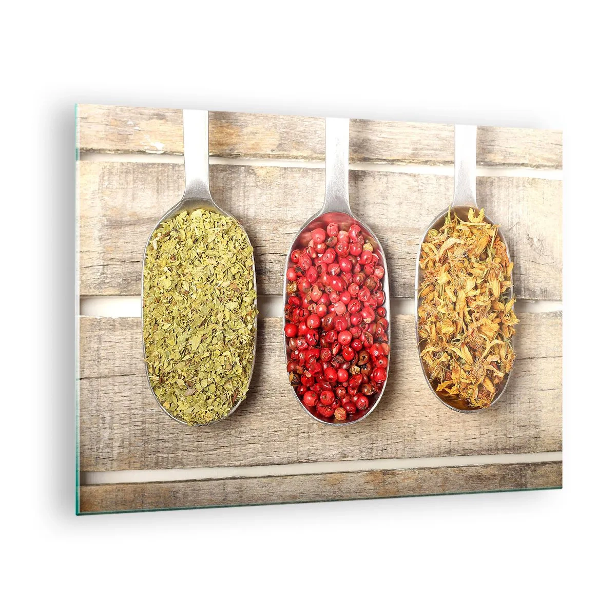 Quadro su vetro - Tre cucchiai con spezie su uno sfondo rustico di legno - 70x50cm - Magia in cucina - Decorazione murale moderna per soggiorno e camera da letto ARTTOR