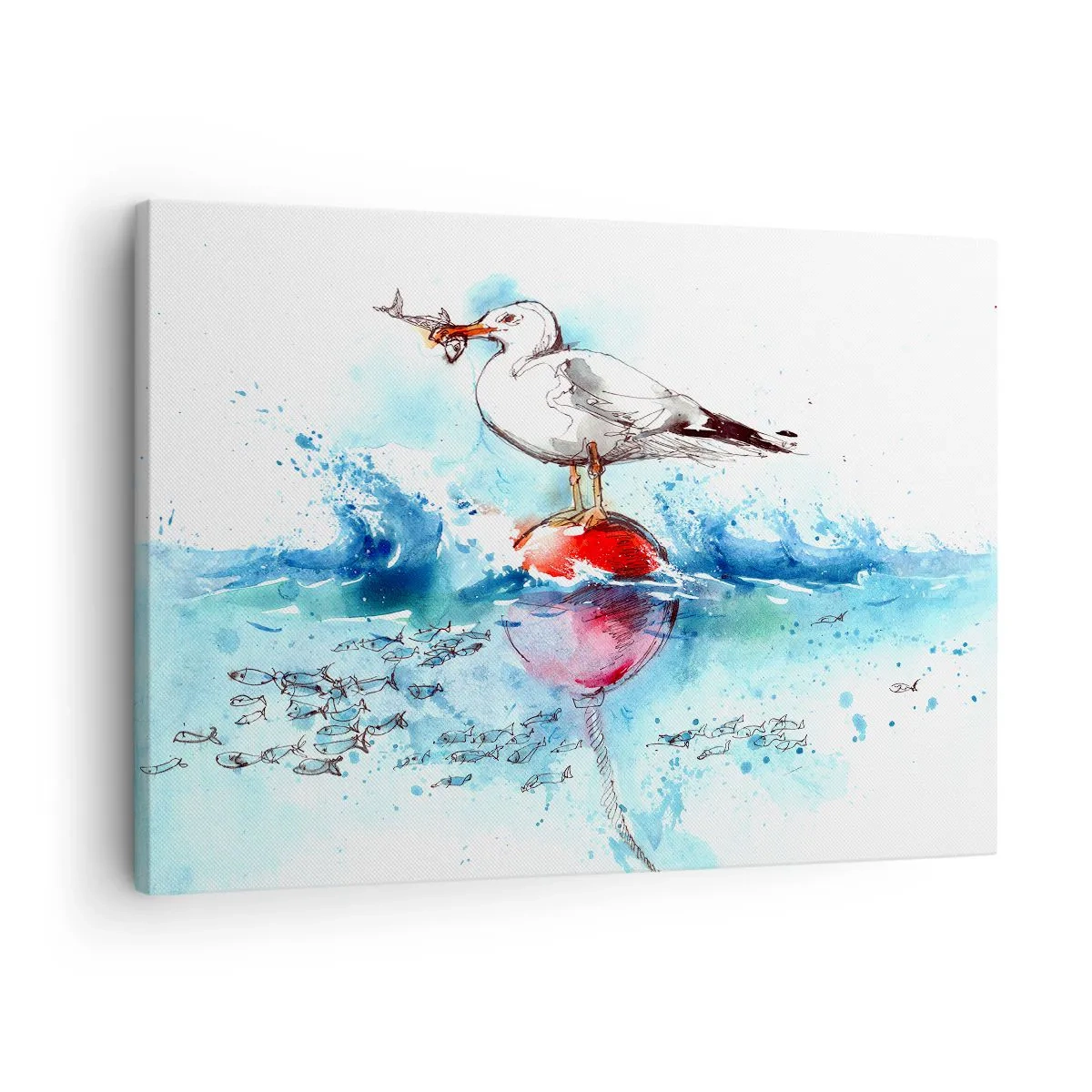 Quadro su tela - Stampe su Tela - Gabbiano su una boa con pesci sullo sfondo in stile acquerello - 70x50cm - Buona pesca - Decorazione murale moderna per soggiorno e camera da letto ARTTOR