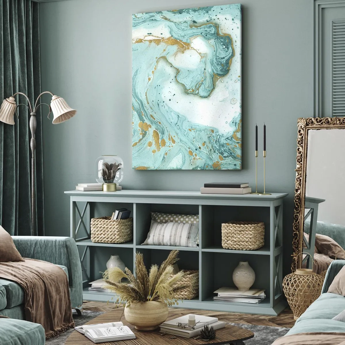 Quadro su tela - Stampe su Tela - Marmo turchese con accenti dorati in una composizione astratta - 50x70cm - La grande onda del periodo Edo - Decorazione murale moderna per soggiorno e camera da letto ARTTOR