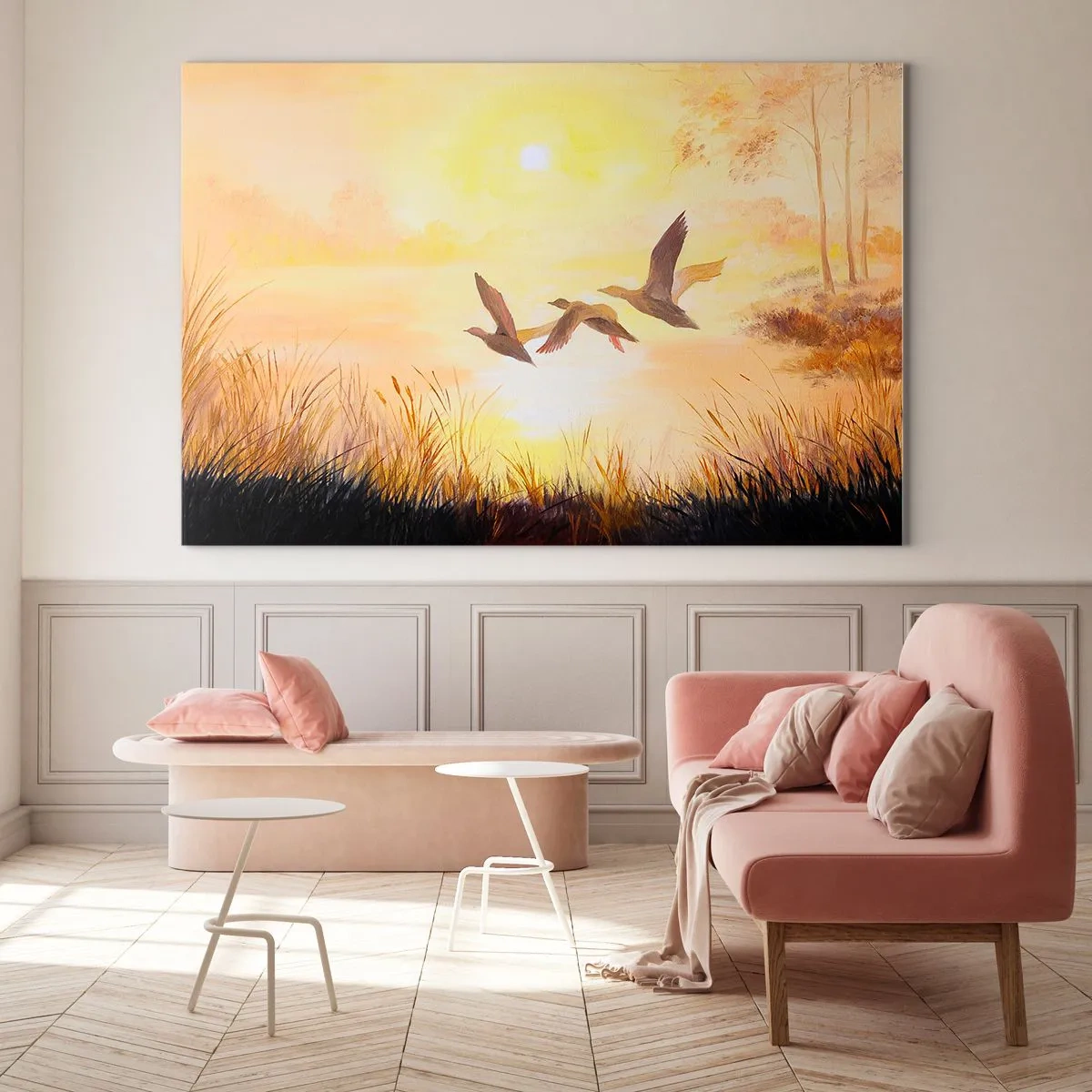 Quadro su vetro - Tre anatre che volano sopra un lago all'alba - 120x80cm - L'inizio di un lungo viaggio - Decorazione murale moderna per soggiorno e camera da letto ARTTOR